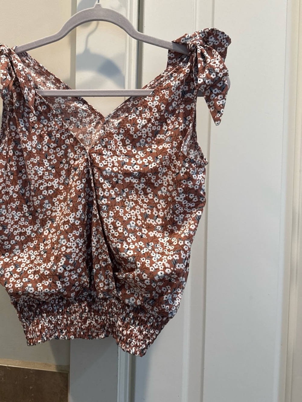 vestique Brown Floral Tie-Shoulder Smocked Tank